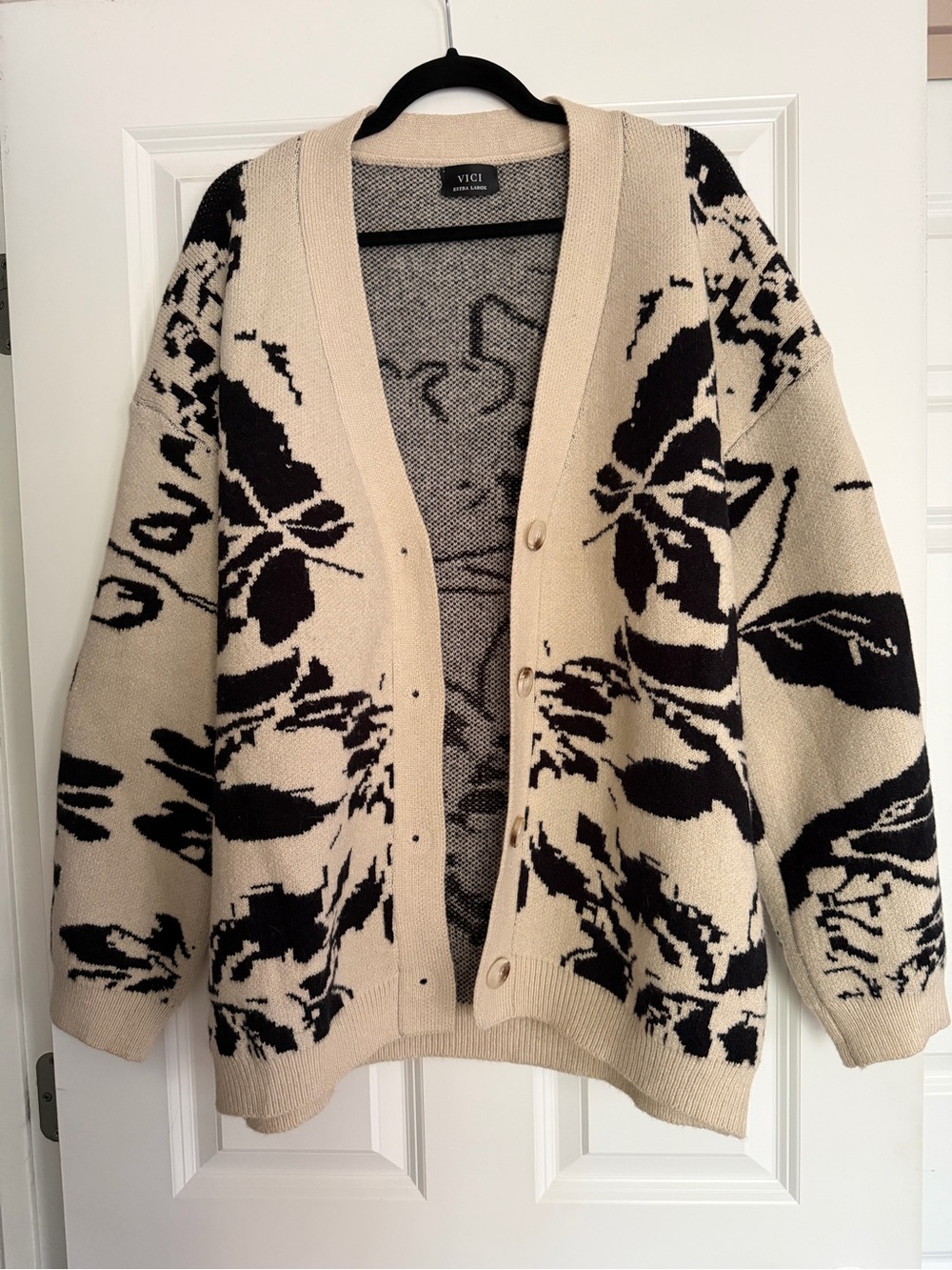 VICI Cream and Black Floral Button-Front Cardigan